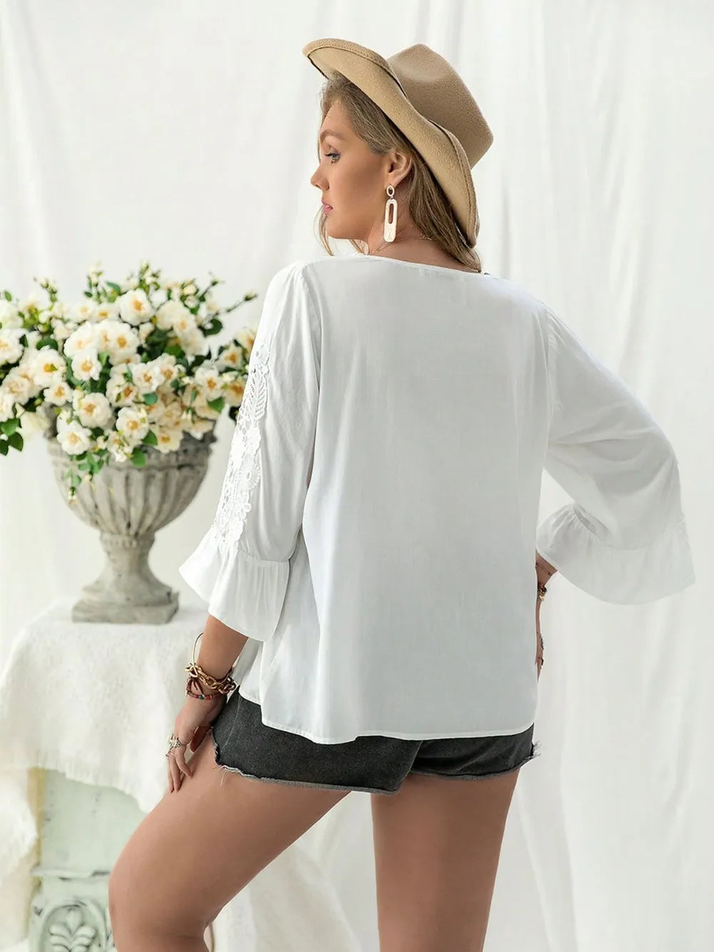 Plus Size Lace Detail V-Neck Three-Quarter Sleeve Blouse - Premium Plus Size Shirts from Trendsi - Just $22.50! Shop now at Handbags Specialist Headquarter
