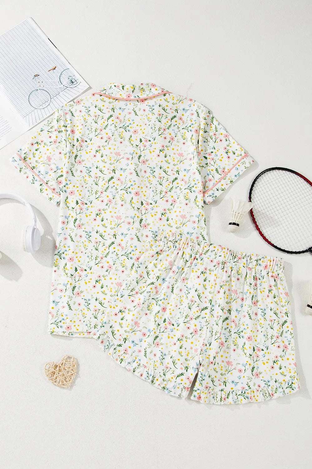 Printed Button Up Short Sleeve Top and Shorts Lounge Set - Premium Sleepwear from Trendsi - Just $48.99! Shop now at Handbags Specialist Headquarter
