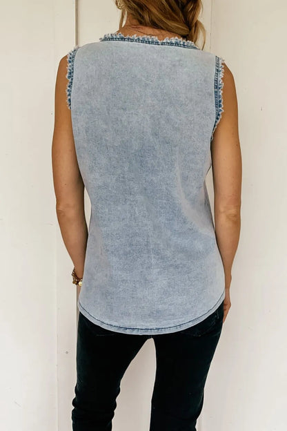 Mineral Wash Denim Frayed U Neck Sleeveless Top - Premium Women / Jeans & Denim from Trendsi - Just $30.96! Shop now at Handbags Specialist Headquarter