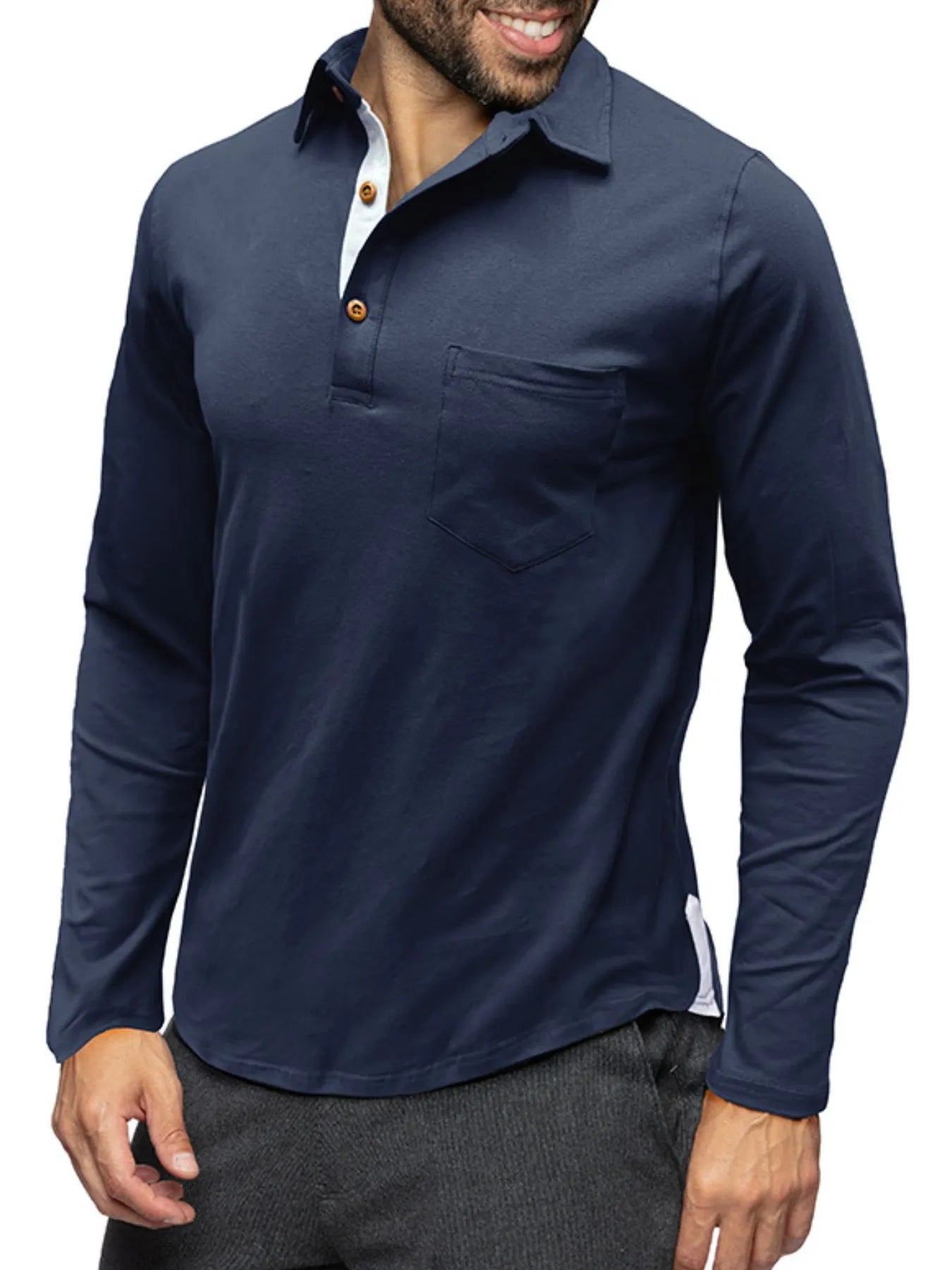 Men's Long Sleeve Polo Shirt with Chest Pocket - Premium Men's Polo shirt from Trendsi - Just $45.04! Shop now at Handbags Specialist Headquarter