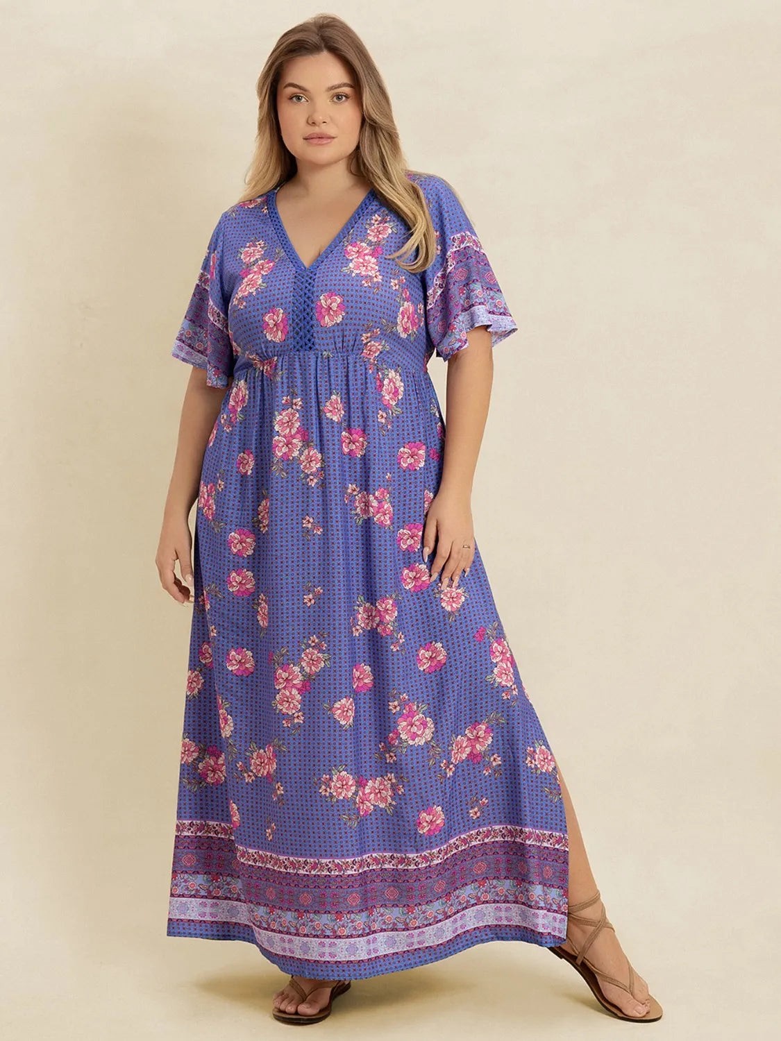 Plus Size Printed V-Neck Flutter Sleeve Dress - Premium Dresses from Trendsi - Just $38.99! Shop now at Handbags Specialist Headquarter
