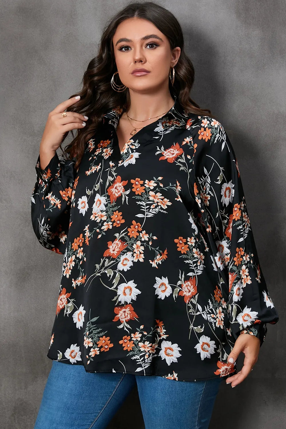 Plus Size Printed Johnny Collar Long Sleeve Blouse - Premium Plus Size Shirts from Trendsi - Just $29! Shop now at Handbags Specialist Headquarter