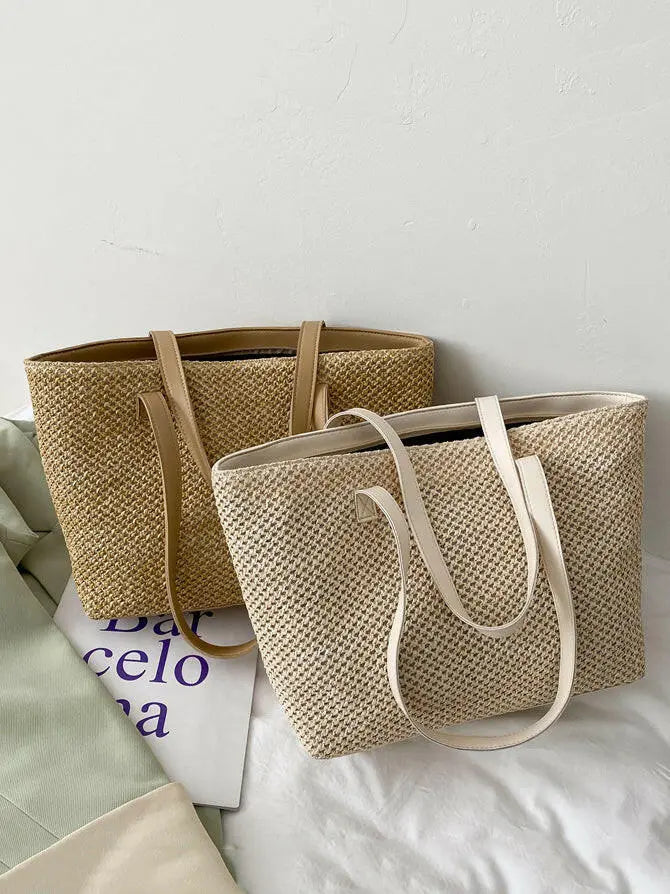 Solid Color Woven Tote Bag - Premium Tote Bag from Trendsi - Just $35.99! Shop now at Handbags Specialist Headquarter
