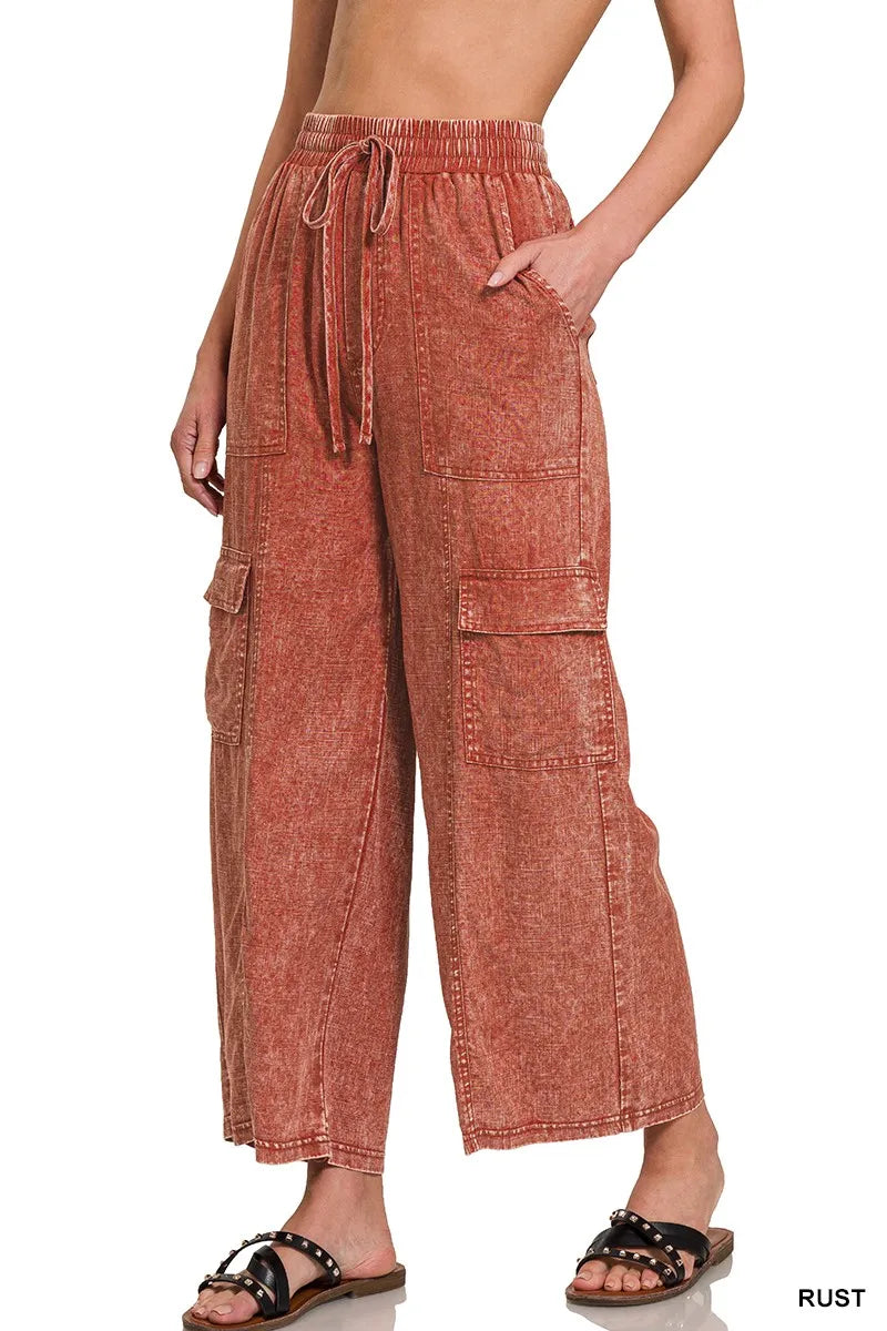 Zenana Washed Linen Elastic Band Waist Cargo Pants - Premium Women Pants from Trendsi - Just $42.99! Shop now at Handbags Specialist Headquarter