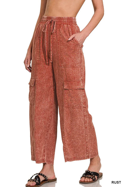 Zenana Washed Linen Elastic Band Waist Cargo Pants - Premium Women Pants from Trendsi - Just $42.99! Shop now at Handbags Specialist Headquarter