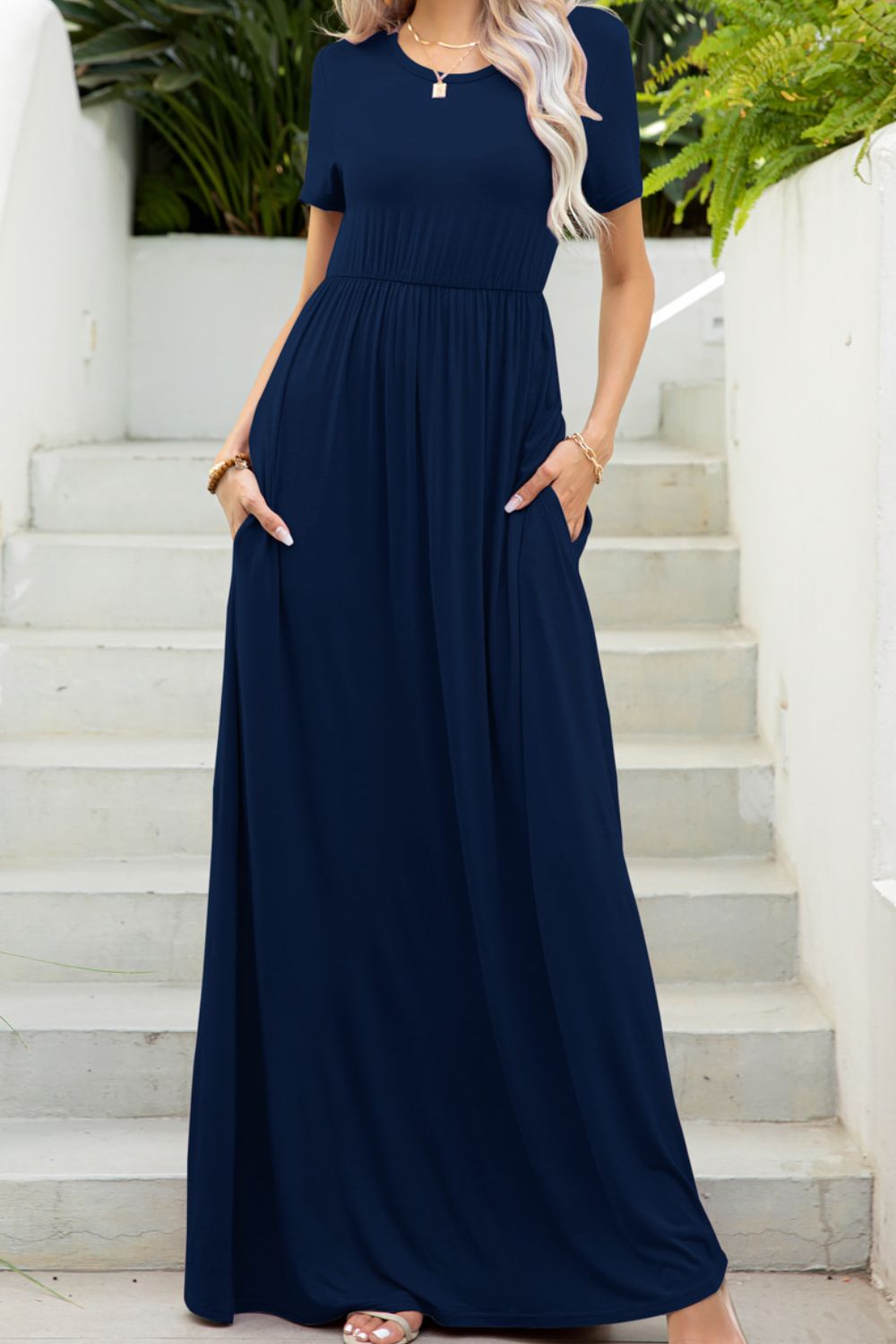 Round Neck Maxi Tee Dress with Pockets - Premium Maxi Dress from Trendsi - Just $45.99! Shop now at Handbags Specialist Headquarter