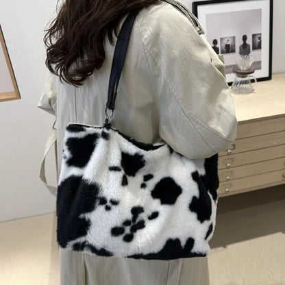 Cow Print Furry Tote Bag - Premium Tote Bag from Trendsi - Just $39.99! Shop now at Handbags Specialist Headquarter