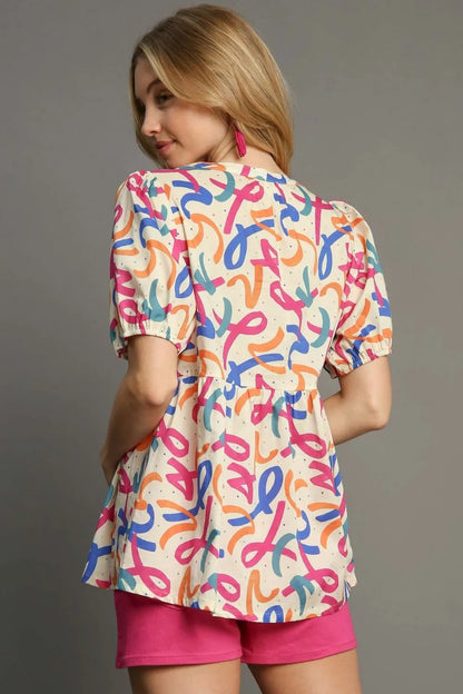 Umgee Full Size Mixed Print Puff Sleeve Babydoll Blouse Plus Size - Premium Dresses from Trendsi - Just $51.99! Shop now at Handbags Specialist Headquarter