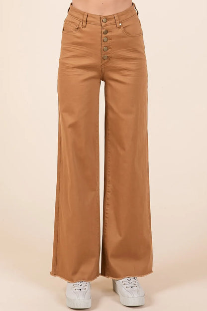 Mittoshop Twill High Waisted Button Fly Wide Leg Pants - Premium Women Pants from Trendsi - Just $56.99! Shop now at Handbags Specialist Headquarter