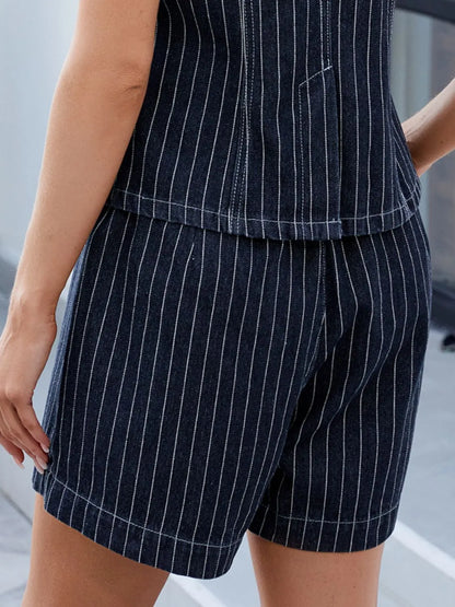 Round Neck Striped Top and Shorts Denim Set - Premium Women / Jeans & Denim from Trendsi - Just $26.36! Shop now at Handbags Specialist Headquarter