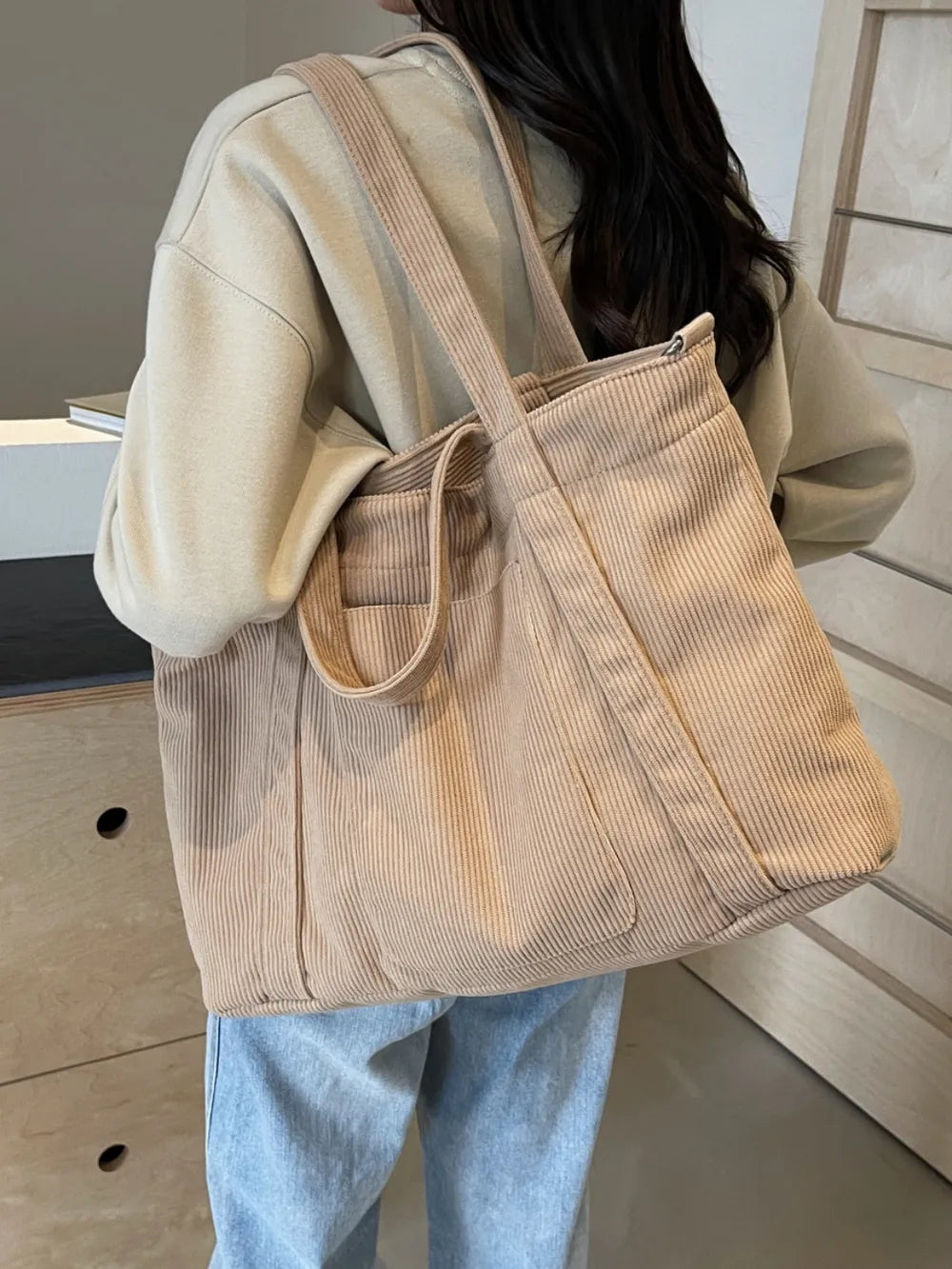 Corduroy Solid Large Tote Bag - Premium Tote Bag from Trendsi - Just $39.99! Shop now at Handbags Specialist Headquarter