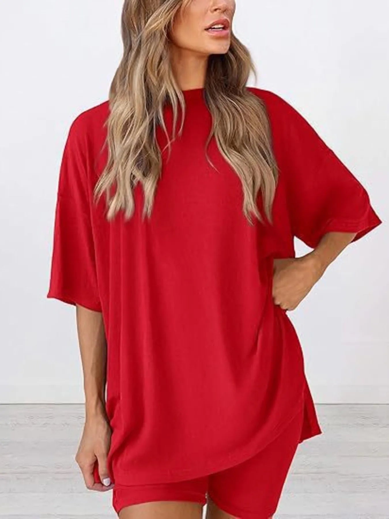 Full Size Oversized Slit Round Neck Top and Shorts Lounge Set Plus Size - Premium Sleepwear from Trendsi - Just $28.99! Shop now at Handbags Specialist Headquarter