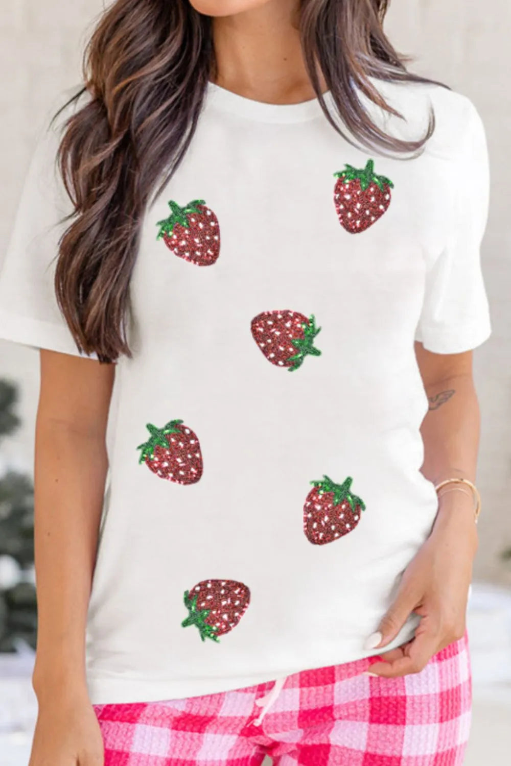 Sequin Strawberry Crew Neck Short Sleeve T Shirt - Premium Tops from Trendsi - Just $27.42! Shop now at Handbags Specialist Headquarter