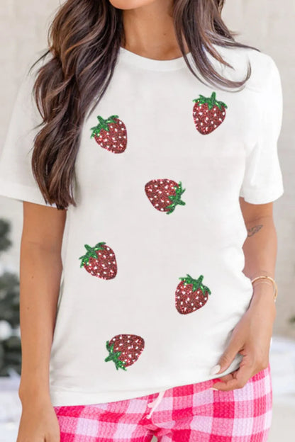 Sequin Strawberry Crew Neck Short Sleeve T Shirt - Premium Tops from Trendsi - Just $27.42! Shop now at Handbags Specialist Headquarter