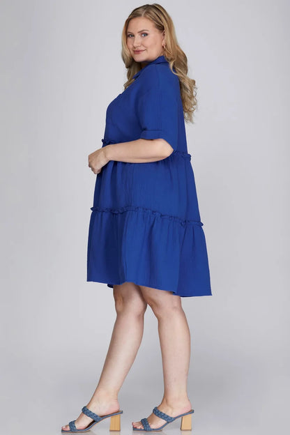 She + Sky Full Size Button Front Frill Tiered Mini Dress Plus Size - Premium Dresses from Trendsi - Just $51.99! Shop now at Handbags Specialist Headquarter