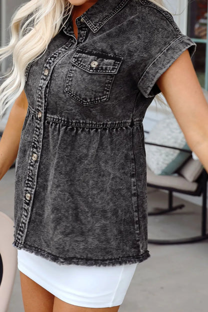 Short Sleeve Flap Pocket Button Up Raw Hem Denim Shirt - Premium Women / Jeans & Denim from Trendsi - Just $47.70! Shop now at Handbags Specialist Headquarter