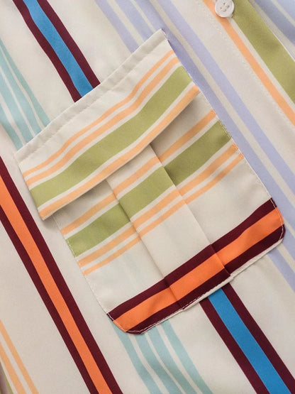 Striped Button Down Lantern Sleeve Shirt - Premium Women's Down Shirt Tops from Trendsi - Just $28! Shop now at Handbags Specialist Headquarter