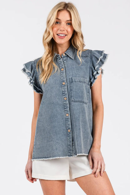 Mittoshop Washed Denim Ruffle Short Sleeve Collared Shirt - Premium Women / Jeans & Denim from Trendsi - Just $53.80! Shop now at Handbags Specialist Headquarter