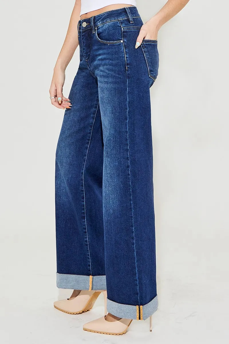 RISEN Full Size Tummy Control High Rise Wide Leg Cuffed Jeans Plus Size - Premium Women / Jeans & Denim from Trendsi - Just $70.99! Shop now at Handbags Specialist Headquarter