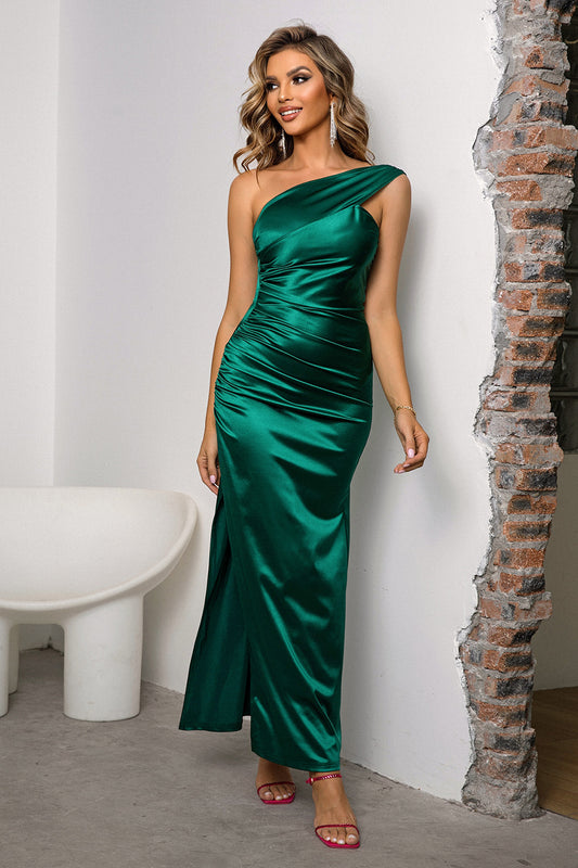 One-Shoulder Ruched Slit Maxi Dress - Premium Dresses from Trendsi - Just $48.99! Shop now at Handbags Specialist Headquarter