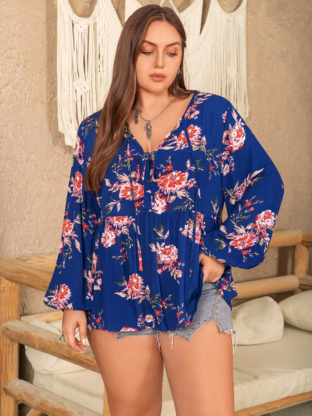 Plus Size Printed Tie Neck Balloon Sleeve Blouse - Premium Plus Size Shirts from Trendsi - Just $28! Shop now at Handbags Specialist Headquarter