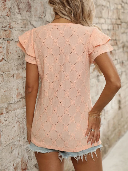 Eyelet V-Neck Ruffled Cap Sleeve Top - Premium Tops from Trendsi - Just $20.68! Shop now at Handbags Specialist Headquarter