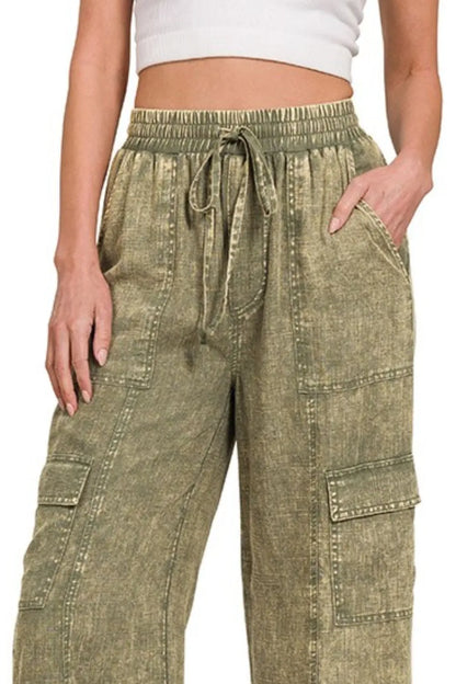 Zenana Washed Linen Elastic Band Waist Cargo Pants - Premium Women Pants from Trendsi - Just $42.99! Shop now at Handbags Specialist Headquarter