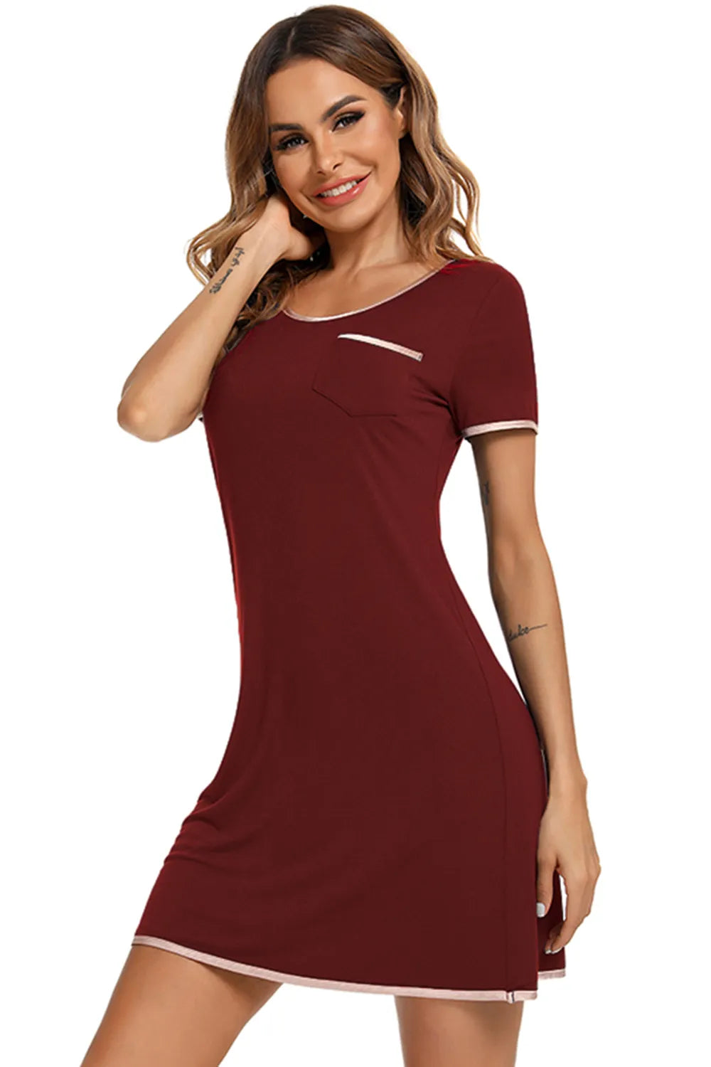 Contrast Trim Pocketed Round Neck Lounge Dress - Premium Sleepwear from Trendsi - Just $27.99! Shop now at Handbags Specialist Headquarter