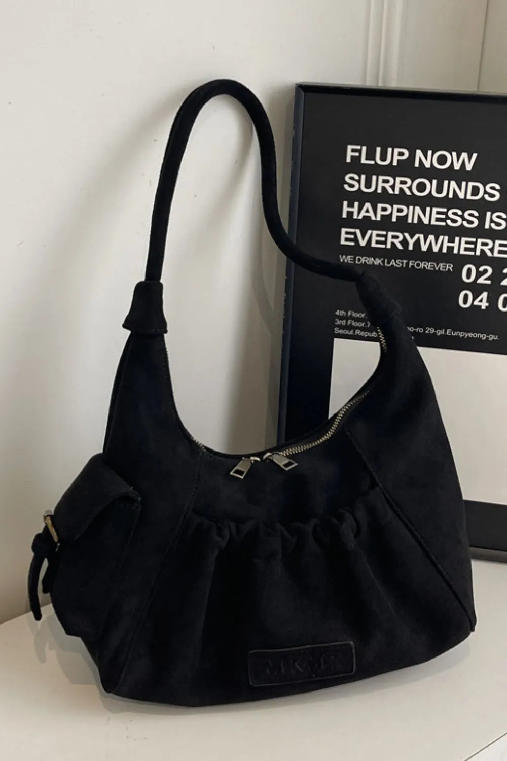 Ruched Suede Handbag with Zipper - Premium Tote Bag from Trendsi - Just $44.99! Shop now at Handbags Specialist Headquarter