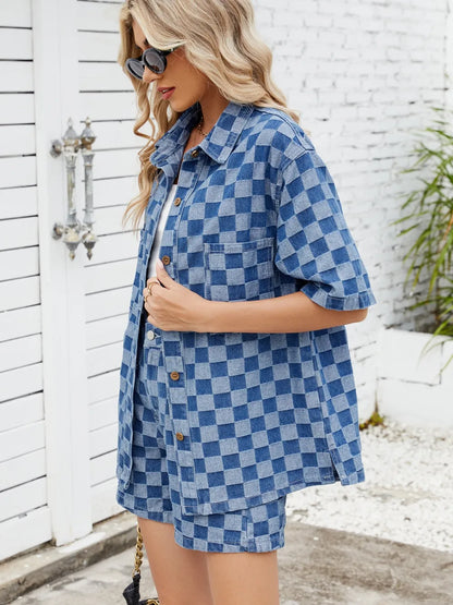 Checkered Shirt and Shorts Denim Set - Premium Women / Jeans & Denim from Trendsi - Just $69.06! Shop now at Handbags Specialist Headquarter