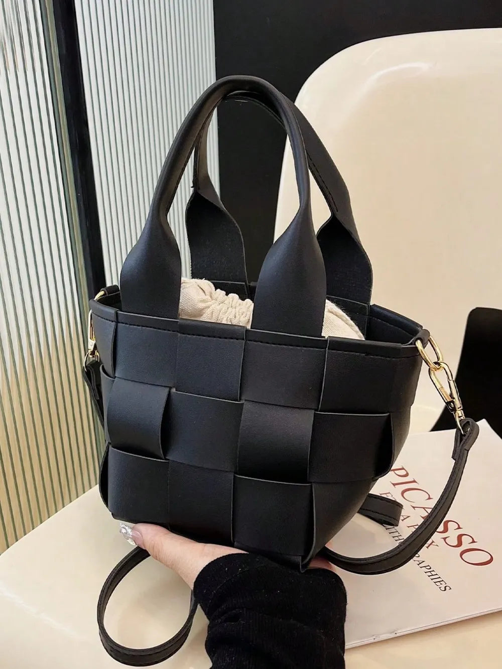 PU Leather Braided Bucket Bag - Premium Tote Bag from Trendsi - Just $33.99! Shop now at Handbags Specialist Headquarter