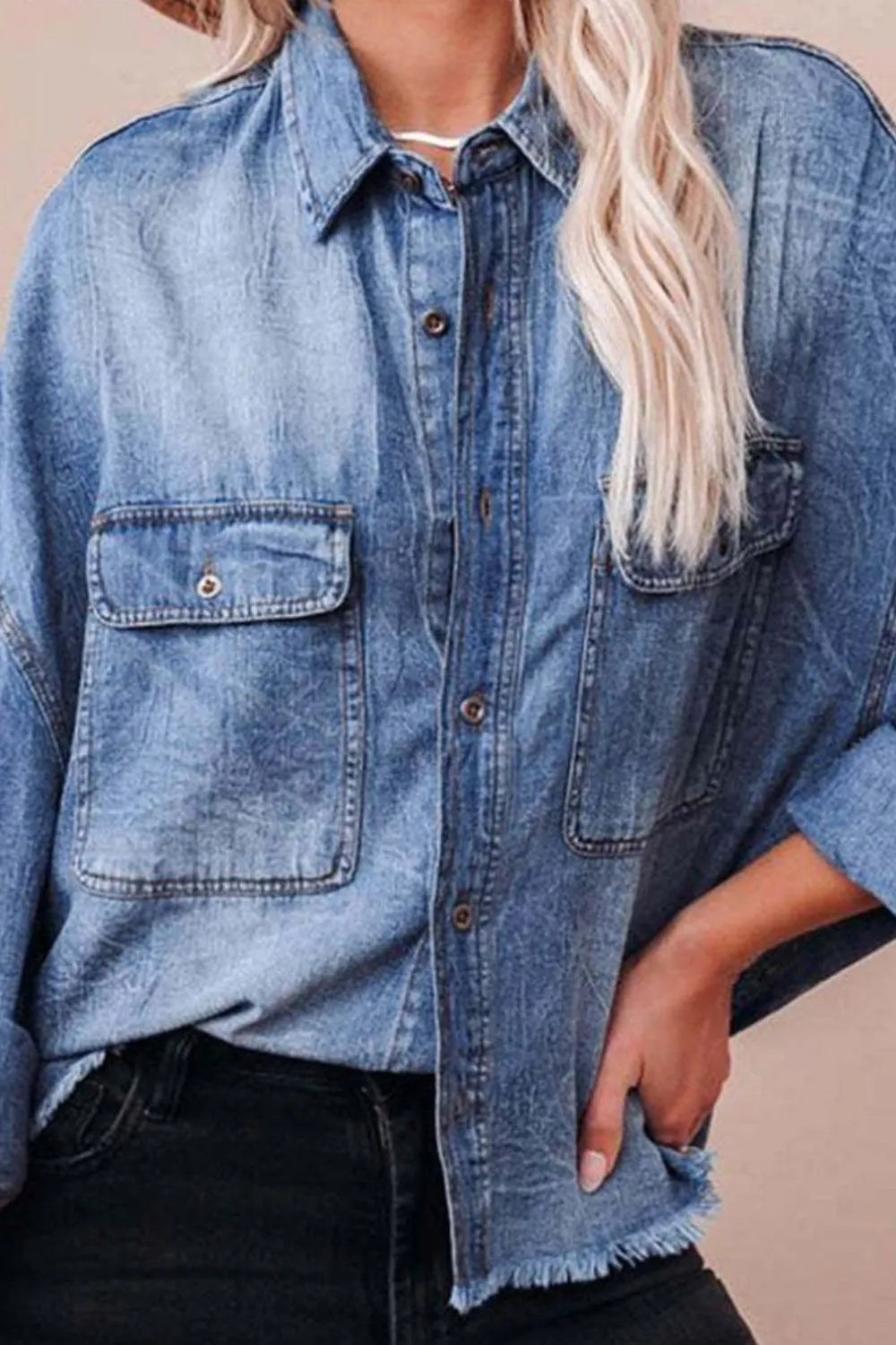 Collared Neck Raw Hem Long Sleeve Denim Shirt - Premium Women / Jeans & Denim from Trendsi - Just $38.26! Shop now at Handbags Specialist Headquarter