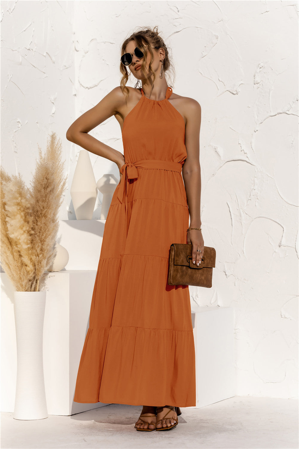 Halter Neck Tie Waist Tiered Maxi Dress - Premium Maxi Dress from Trendsi - Just $35.99! Shop now at Handbags Specialist Headquarter