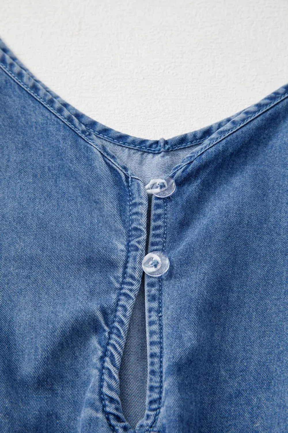 Spaghetti Straps V Neck Belted Ruffled Leg Chambray Romper - Premium Women / Jeans & Denim from Trendsi - Just $45.60! Shop now at Handbags Specialist Headquarter