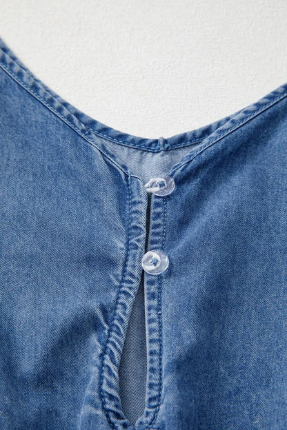 Spaghetti Straps V Neck Belted Ruffled Leg Chambray Romper - Premium Women / Jeans & Denim from Trendsi - Just $45.60! Shop now at Handbags Specialist Headquarter