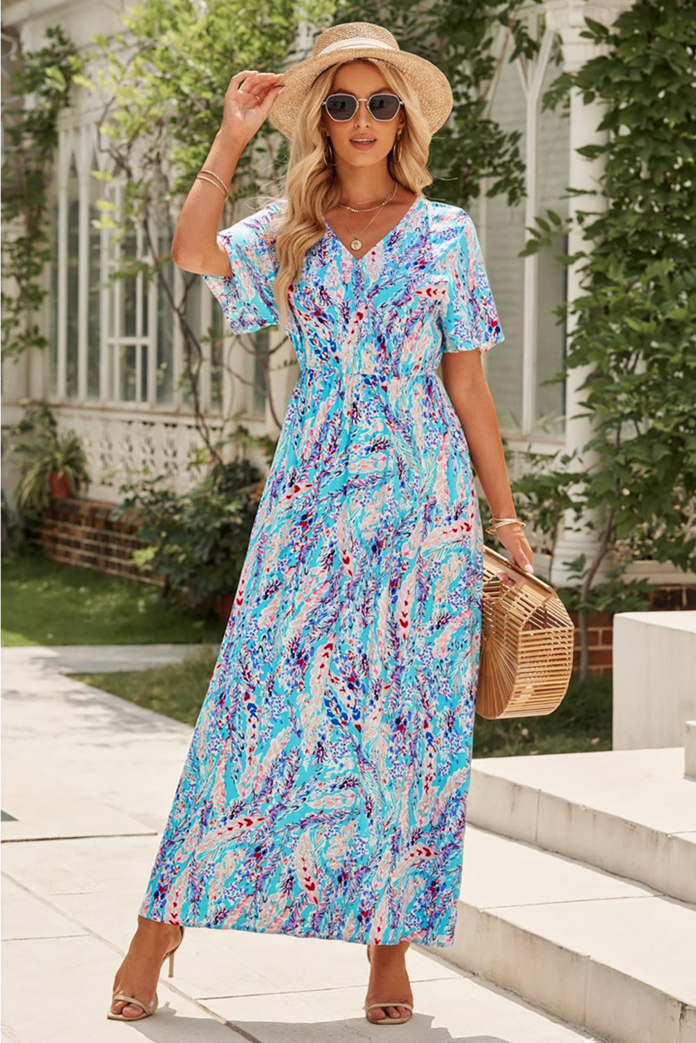 Multicolored V-Neck Maxi Dress - Premium Maxi Dress from Trendsi - Just $38.99! Shop now at Handbags Specialist Headquarter