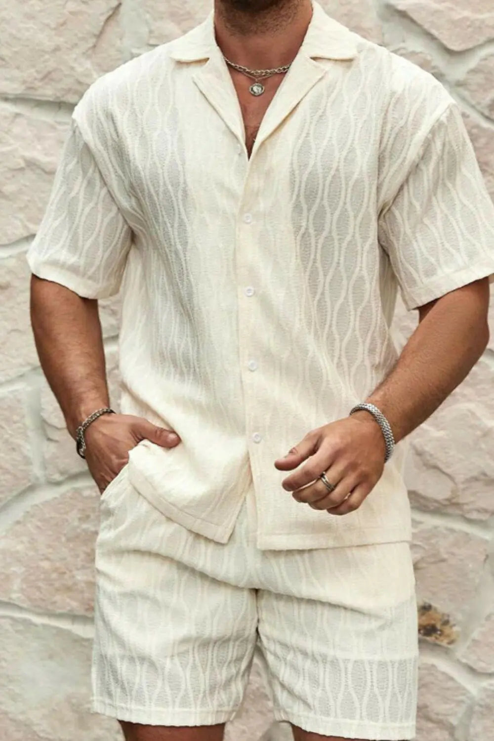 Men's Plus Size Collared Neck Short Sleeve Top and Shorts Set.