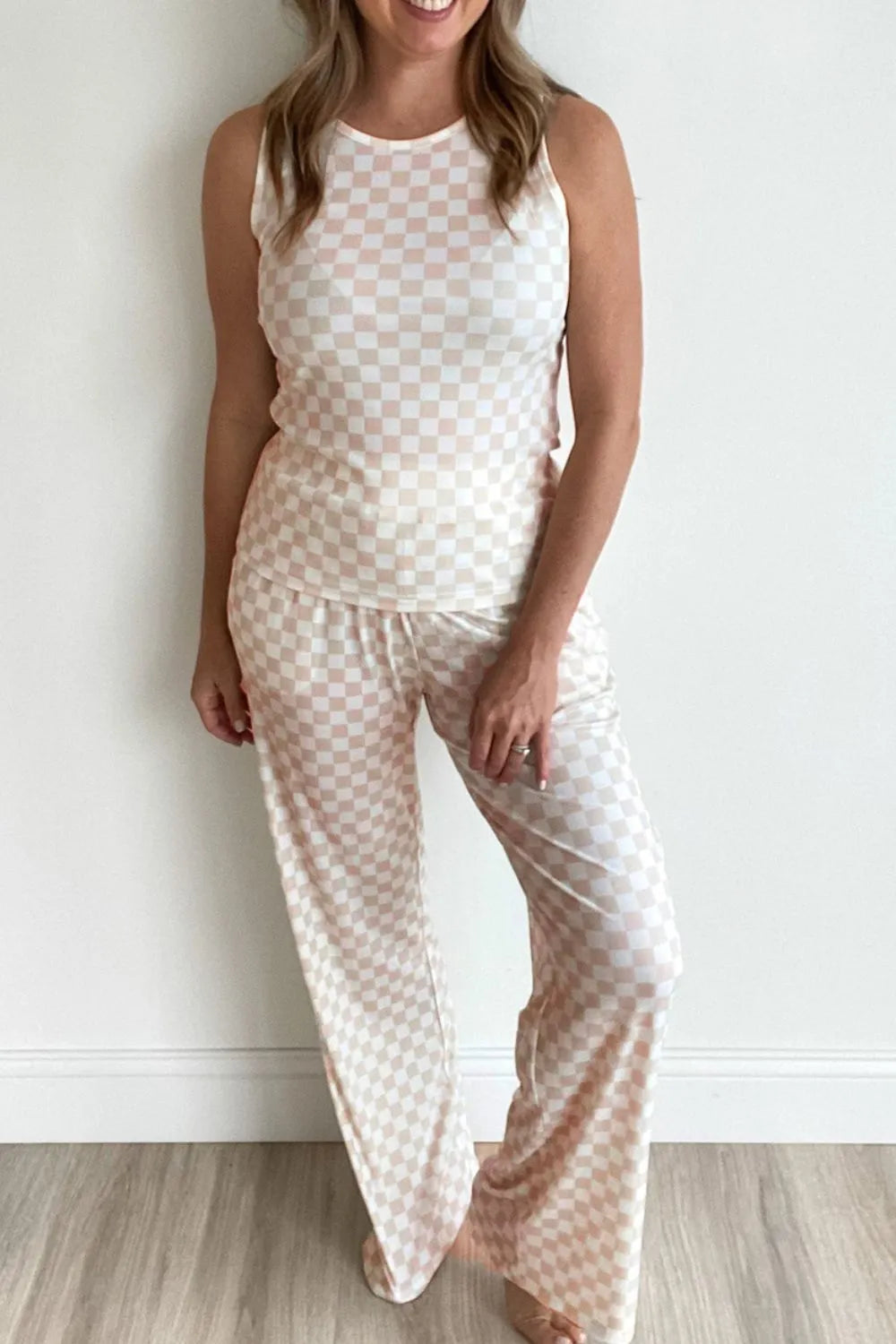 Ribbed Texture Checkered Print Tank and Pants Set - Premium Sleepwear from Trendsi - Just $39.99! Shop now at Handbags Specialist Headquarter