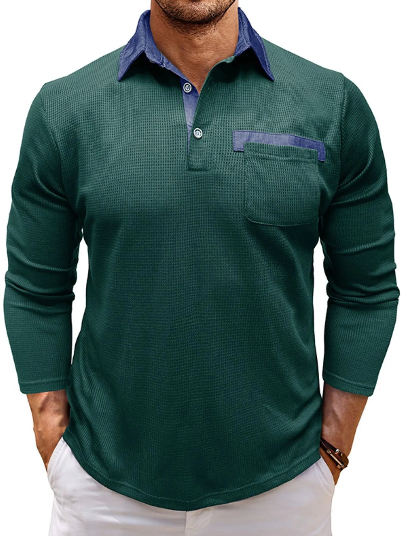 Men's Contrast Collar Long Sleeve Casual Polo Shirt - Premium Men's Polo shirt from Trendsi - Just $39.99! Shop now at Handbags Specialist Headquarter