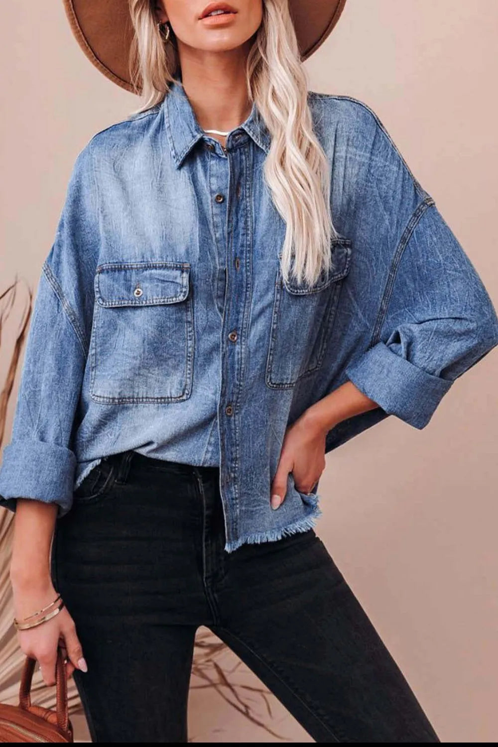 Collared Neck Raw Hem Long Sleeve Denim Shirt - Premium Women / Jeans & Denim from Trendsi - Just $38.26! Shop now at Handbags Specialist Headquarter