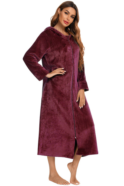Zip Front Hooded Night Dress with Pockets - Premium Sleepwear from Trendsi - Just $60.99! Shop now at Handbags Specialist Headquarter
