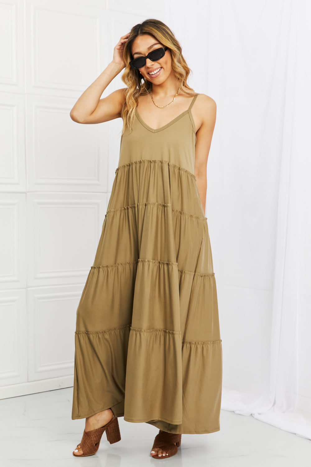 Zenana Full Size Spaghetti Strap Tiered Dress with Pockets in Khaki - Premium Dresses from Trendsi - Just $21.99! Shop now at Handbags Specialist Headquarter