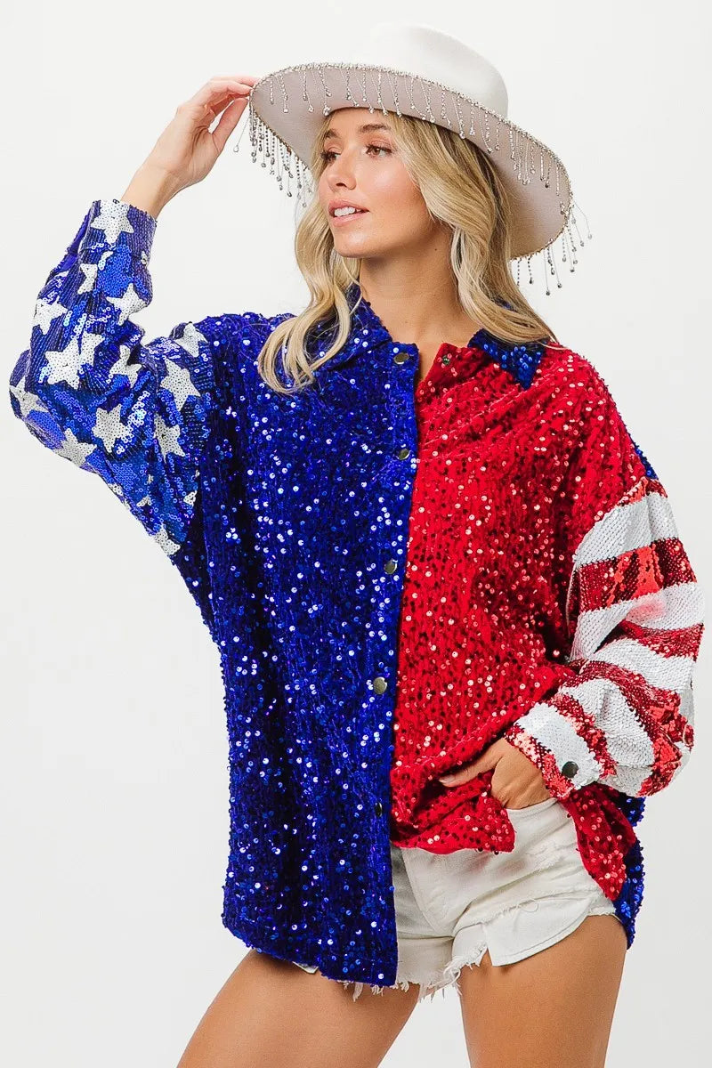BiBi American Flag Sequin Snap Down Shirt - Premium Women / Jeans & Denim from Trendsi - Just $64.30! Shop now at Handbags Specialist Headquarter