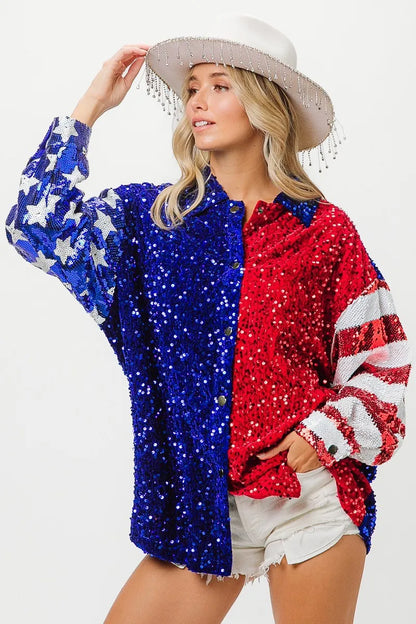 BiBi American Flag Sequin Snap Down Shirt - Premium Women / Jeans & Denim from Trendsi - Just $64.30! Shop now at Handbags Specialist Headquarter