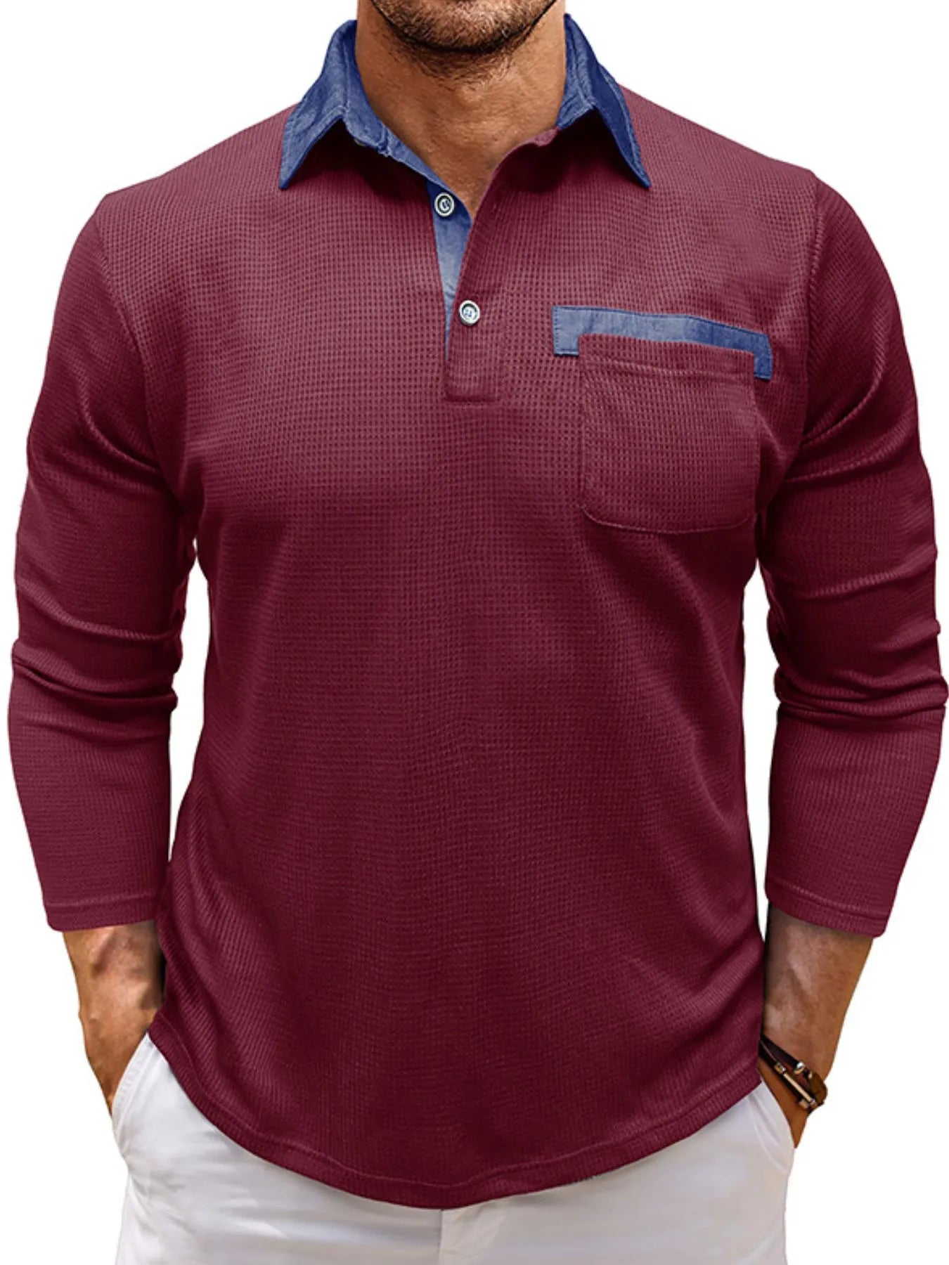 Men's Contrast Collar Long Sleeve Casual Polo Shirt - Premium Men's Polo shirt from Trendsi - Just $39.99! Shop now at Handbags Specialist Headquarter