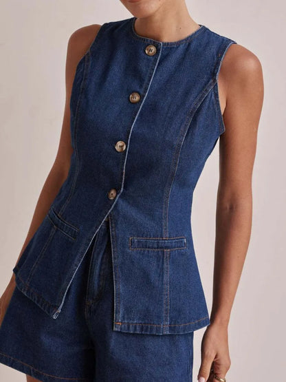 Button Down Denim Vest - Premium Women / Jeans & Denim from Trendsi - Just $34.56! Shop now at Handbags Specialist Headquarter