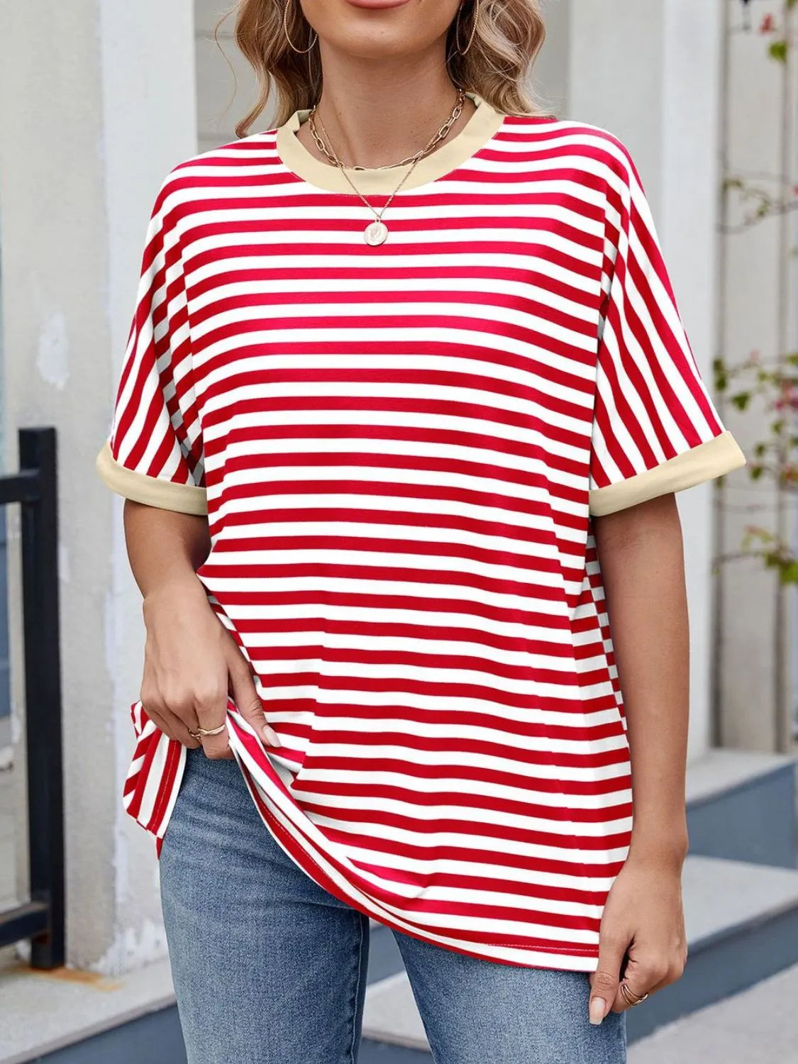 Striped Round Neck Half Sleeve T-Shirt - Premium Women / Tops from Trendsi - Just $19.34! Shop now at Handbags Specialist Headquarter