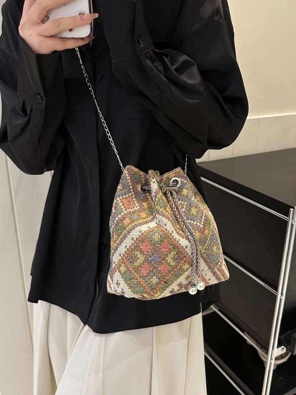 Printed Chain Bucket Bag - Premium Crossbody Bag from Trendsi - Just $19.99! Shop now at Handbags Specialist Headquarter