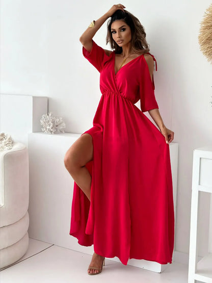 Tied Shoulder Slit Maxi Dress - Premium Maxi Dress from Trendsi - Just $34.99! Shop now at Handbags Specialist Headquarter