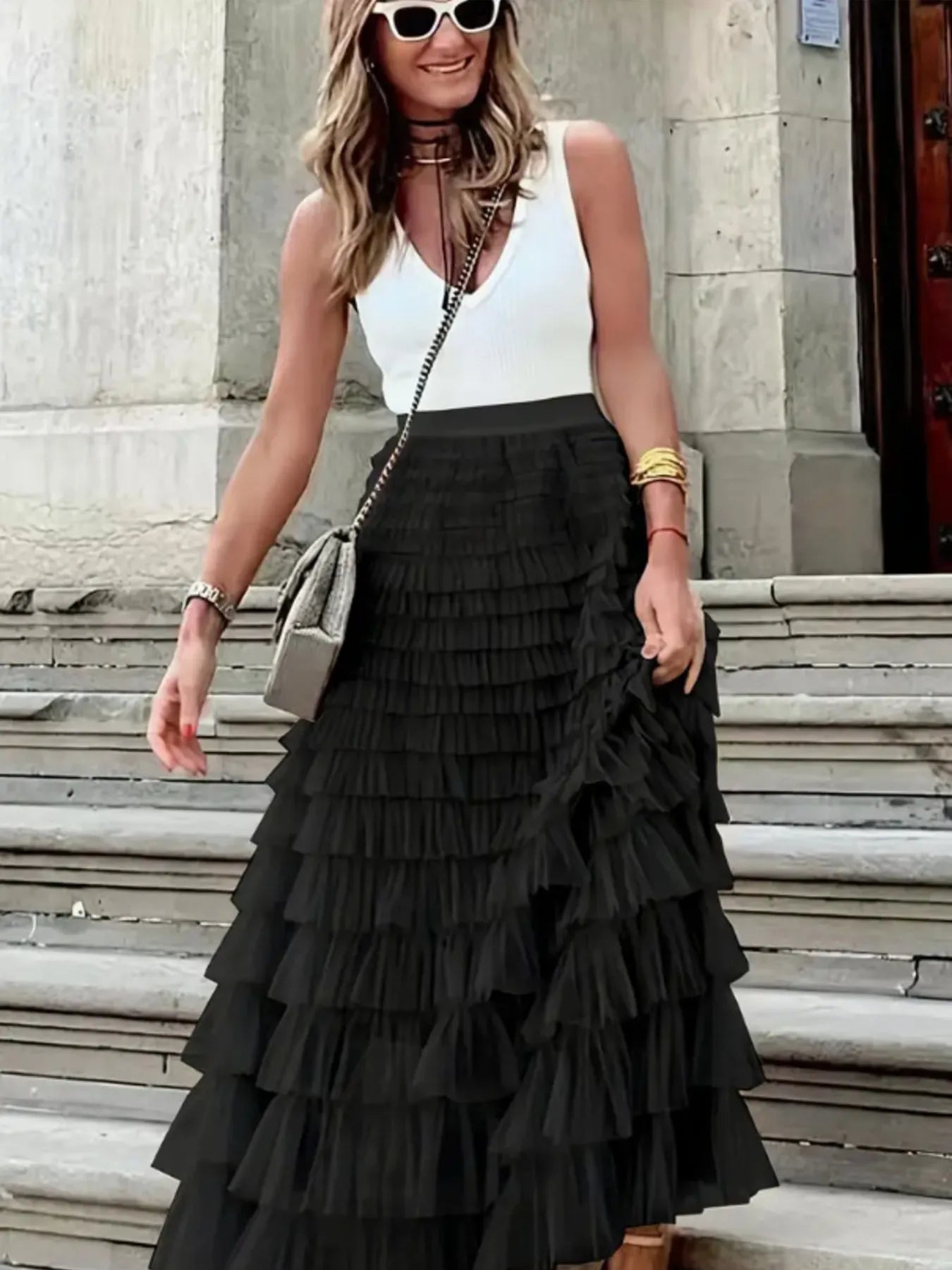 Layered Ruffle Maxi Skirt - Premium Skirts from Trendsi - Just $38.99! Shop now at Handbags Specialist Headquarter